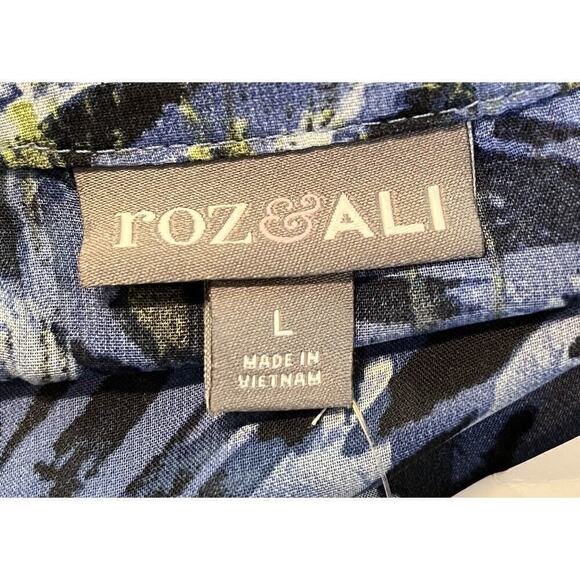 Roz & Ali Animal Print Blouse Top Front Knot Button Up Blue Size L New - Picture 11 of 12